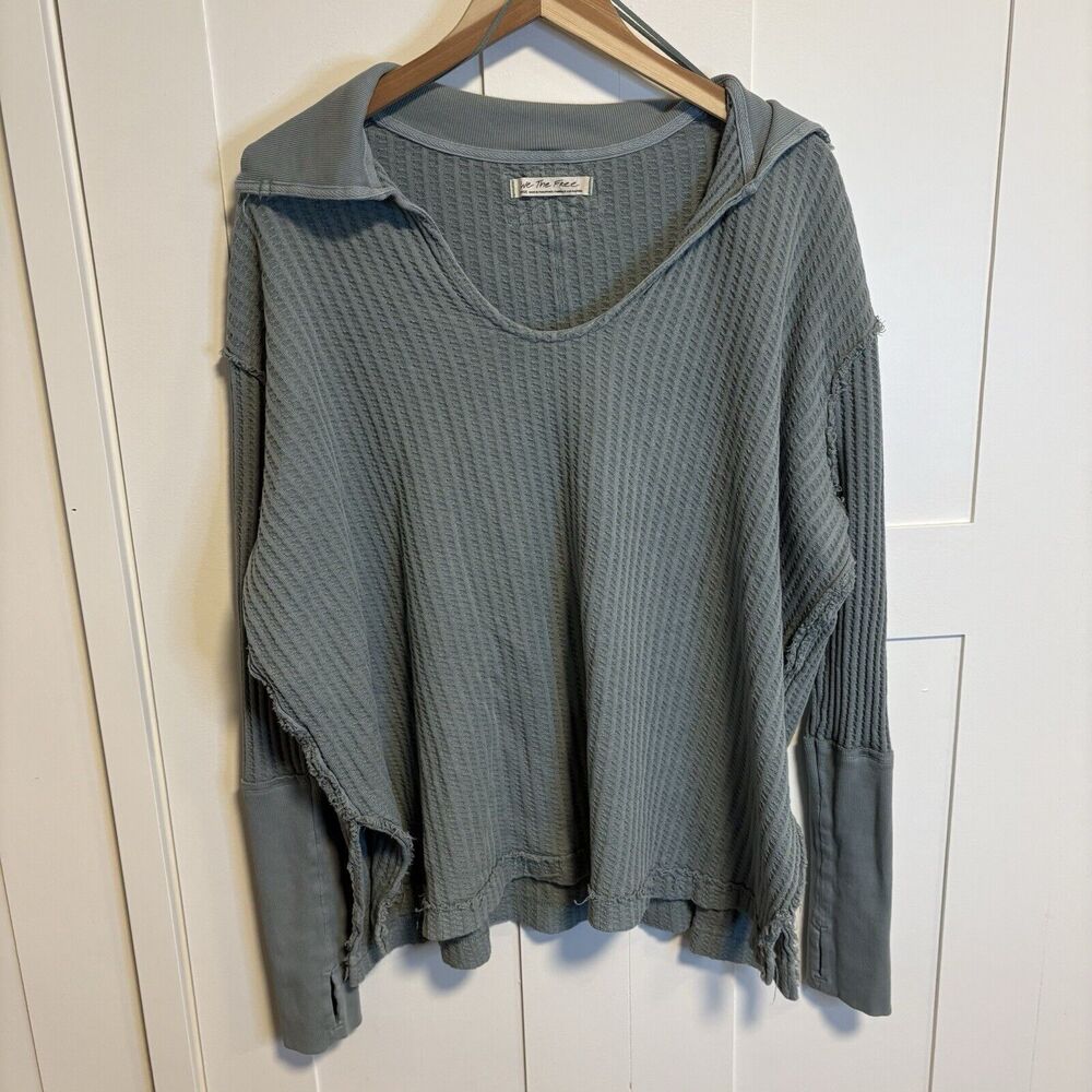 Free People Top Large Womens Raymond Collared Thermal Long Sleeve Washed Army
